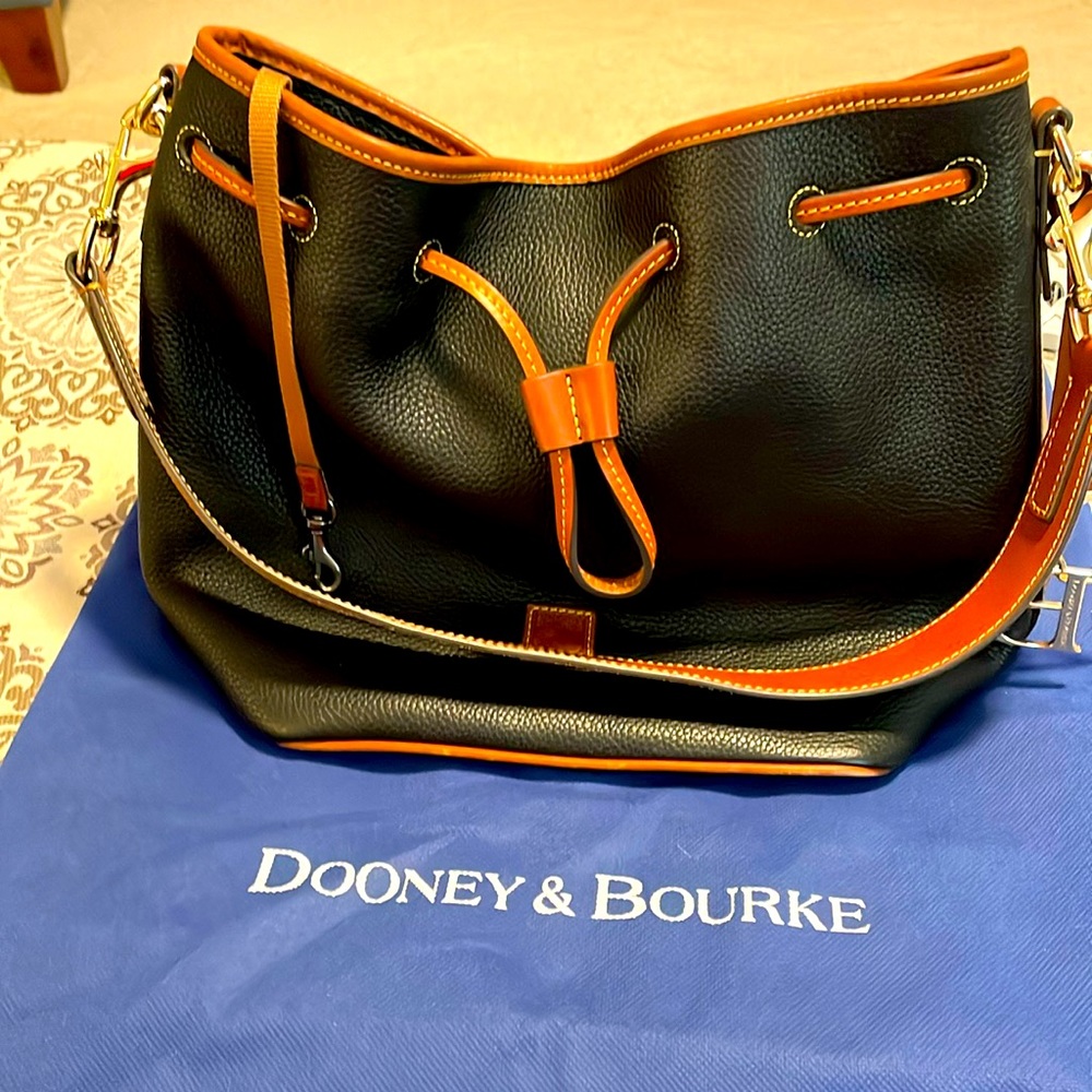Dooney & Bourke Black Drawstring Bag with Brown Trim